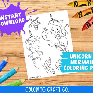 unicorn mermaid coloring page printable coloring pages etsy