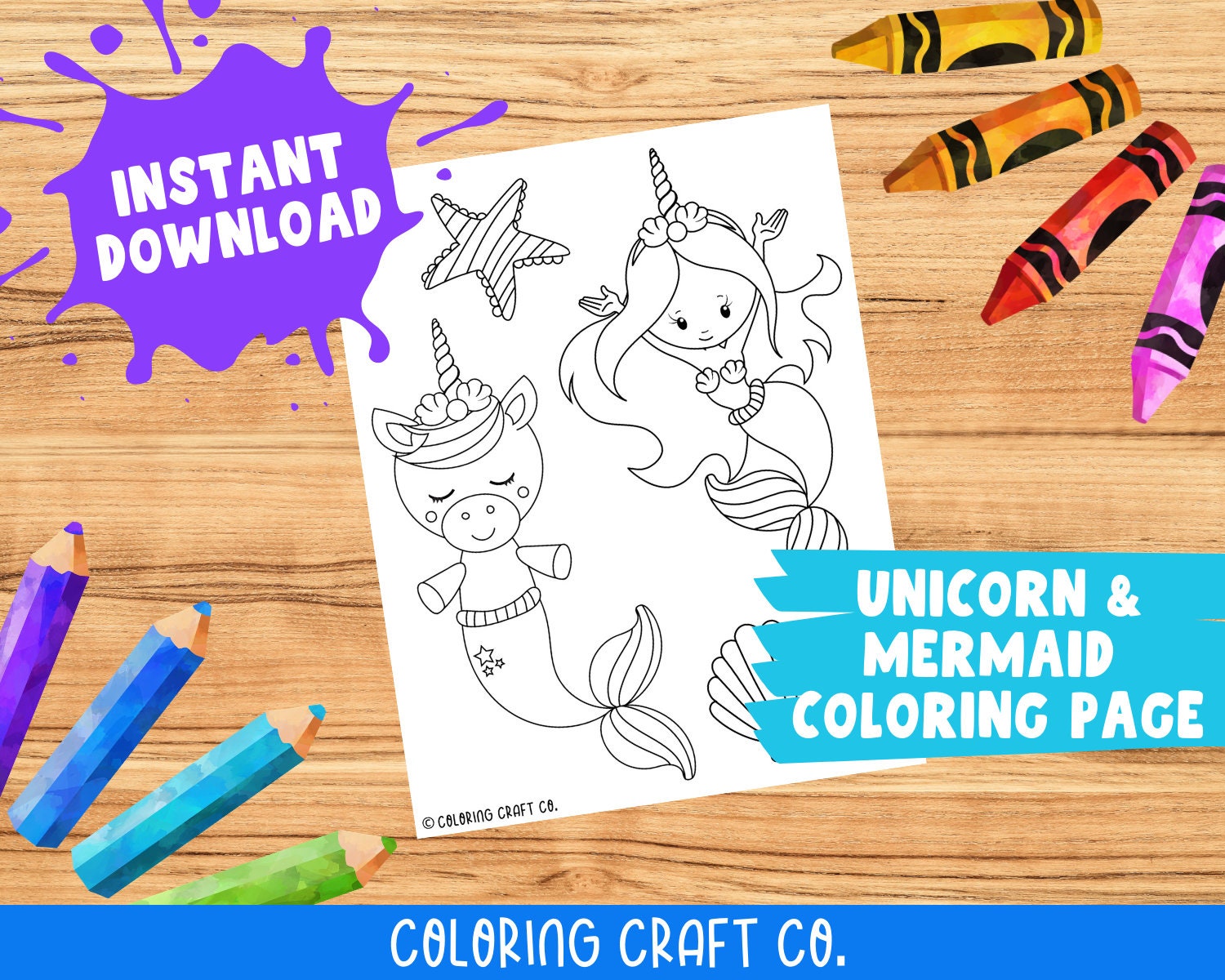 unicorn mermaid coloring page printable coloring pages etsy