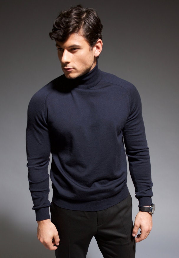 Men's 100%extrafine Merino Wool Turtleneck Sweater NAVY - Etsy