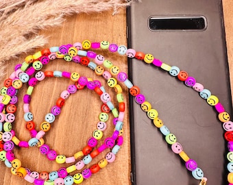 Smiley Handykette, Handykette mit Patch, Handykette Smiley, bunte Handykette, Universal Handykette,bunte Kette,PerlenartigDE,Geschenkidee