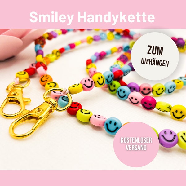 Smiley Handykette, Handykette mit Patch, Handykette Smiley, Universal, Handykette bunt, Smiley Handykette Perlen,PerlenartigDE,Geschen k