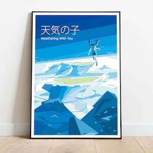 Peut inclure: Une affiche bleue et blanche avec le texte japonais "天気の子" et le texte anglais "Weathering With You". L'affiche présente une illustration stylisée d'une fille aux longs cheveux noirs sautant d'une falaise dans un ciel bleu.