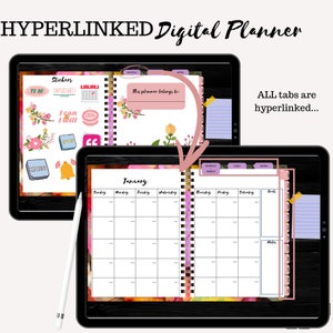 May include: A digital planner app on a tablet with a pink and floral design. The planner includes tabs for monthly, weekly, and daily views. The app also includes stickers and a section for goals and notes.