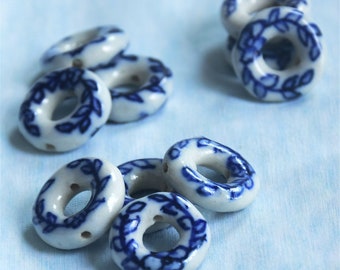 Circle porcelain bead donut shaped porcelain blue white porcelain beads olive branch pattern handmade earring Earring Pendant