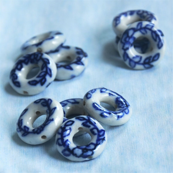 Circle porcelain bead donut shaped porcelain blue white porcelain beads olive branch pattern handmade earring Earring Pendant