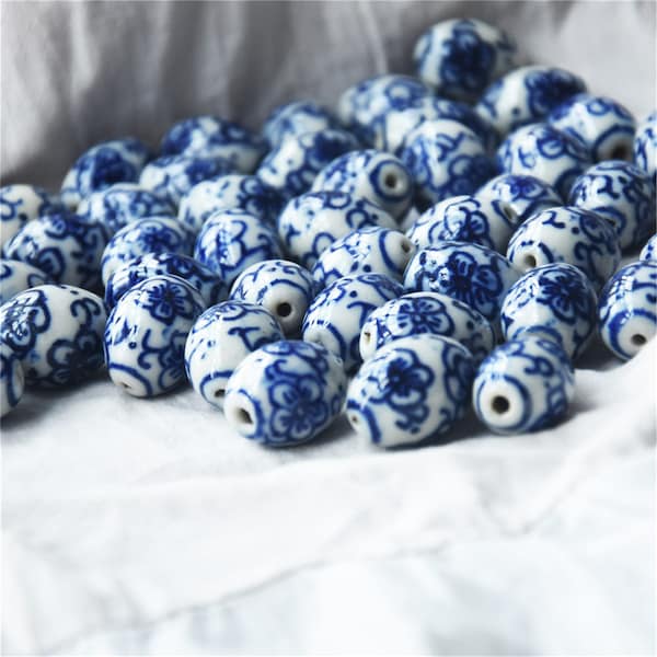 Ceramic oval beads Blue and white porcelain beads Hand painted loose beads First beads Necklace beads