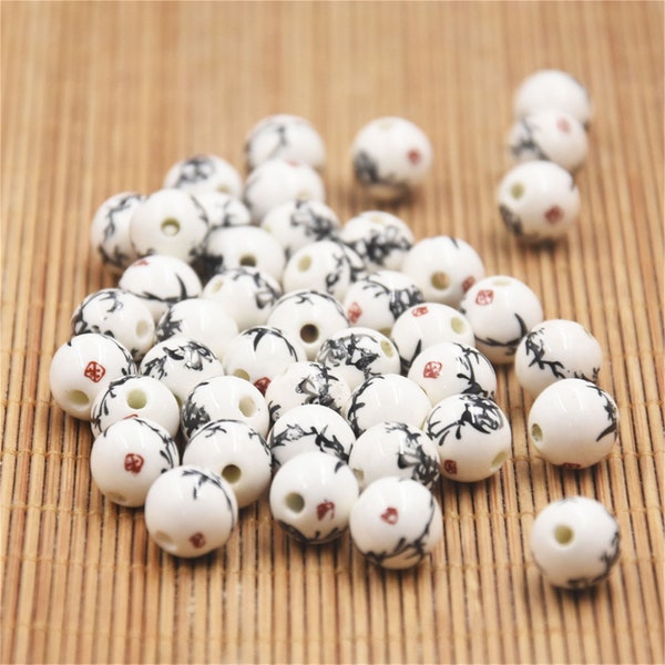Handmade Decal ceramic beads porcelain jewelry accessories necklace beads bracelet beads jewelry accessories bamboo leaf printing pattern