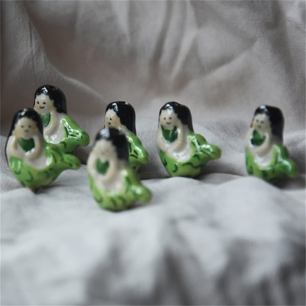 Hand painted ceramic mermaid  beads Eggplant beads Character expression beads Porcelain beads