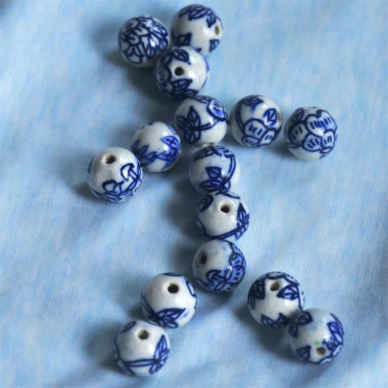 Ceramic Beads Hand Painted Blue and White Porcelain Beads Flower Pattern Beads Jewelry