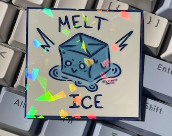 May include: A square sticker with a holographic finish featuring a blue cartoon ice cube character melting into a puddle. The text MELT and ICE is printed in dark blue ink above and below the character, with small lightning bolt accents.