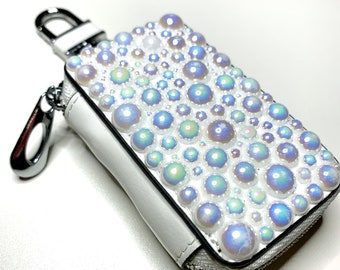 White Pearl Bling Key Case, Fob Holder Travel Wallet