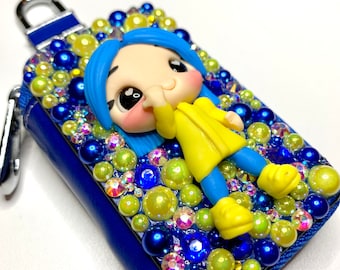 Blue Hair Raincoat Rhinestone Key Case, Novelty Key Fob
