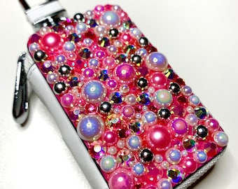 Pink Pearl Rhinestone Key Case, Bling Key Fob, Travel Wallet