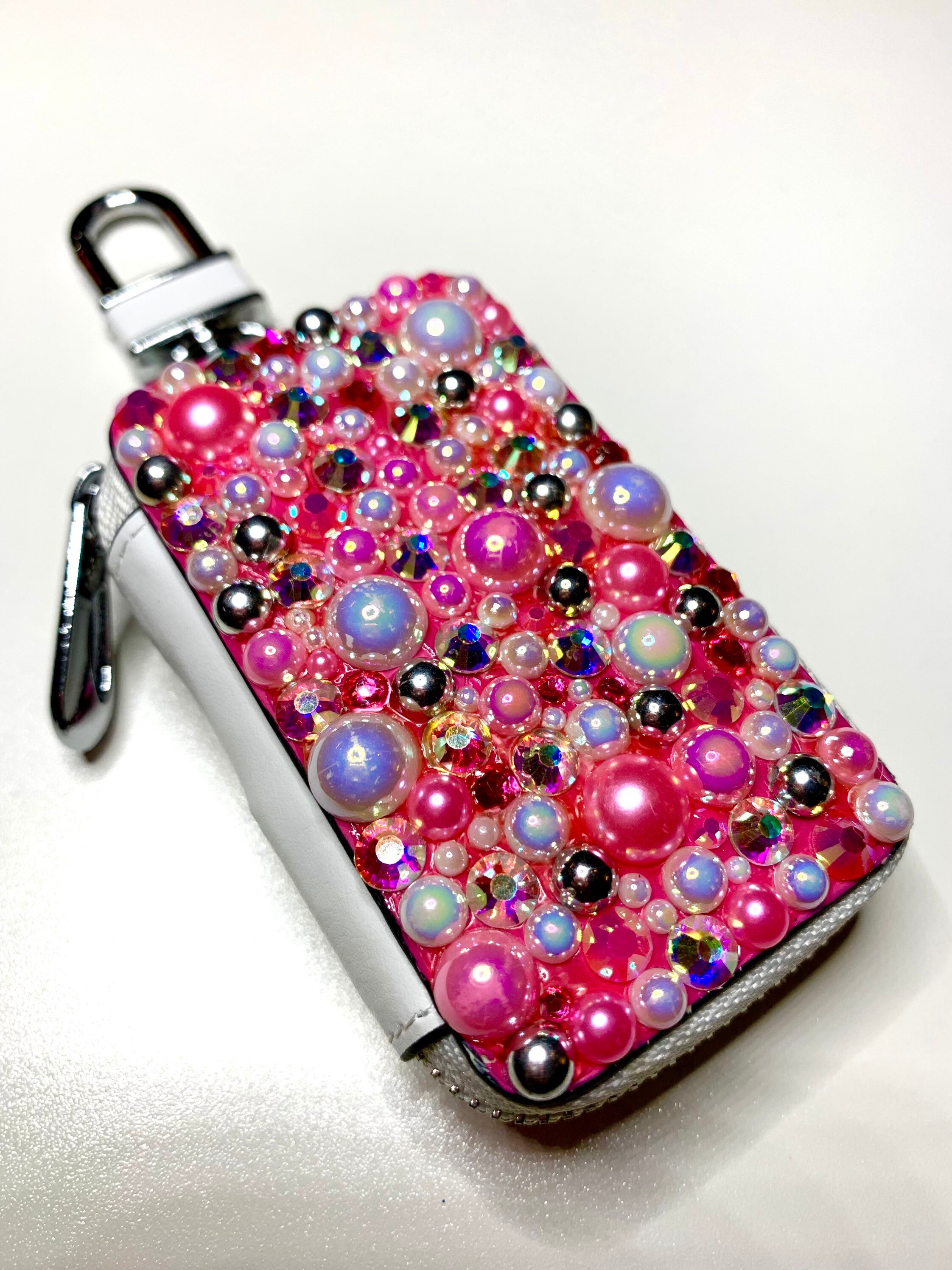 Pink Pearl Rhinestone Key Case // Key Fob Bling // Key Holder