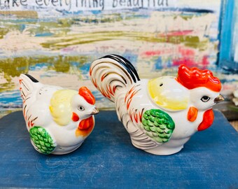 Kitschy Pair of Vintage Wooden Salt and Pepper Shakers with Roosters Redbird Line Japan