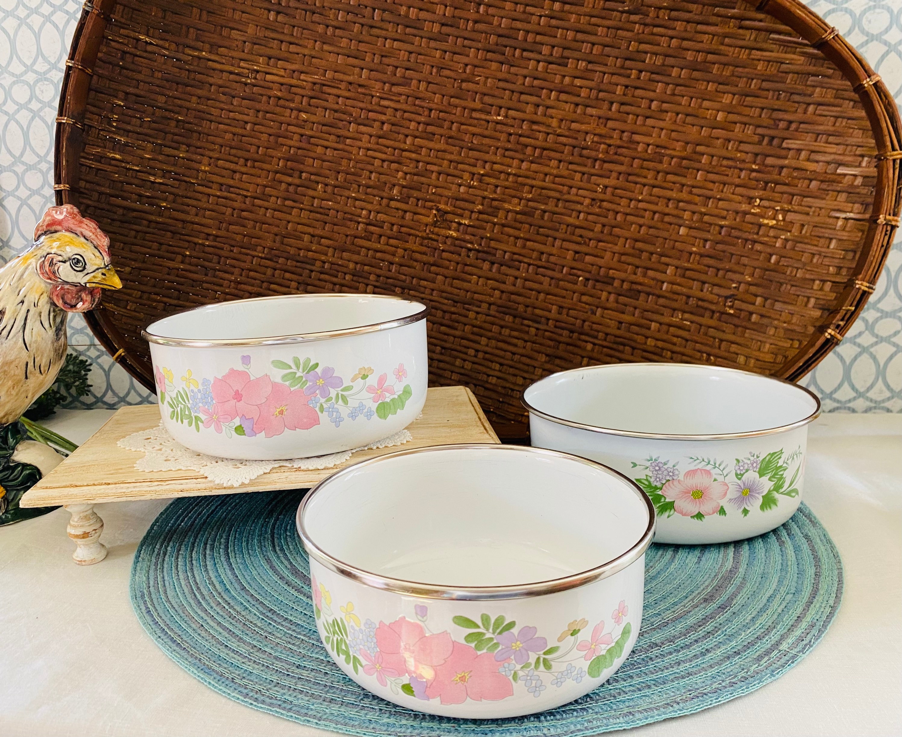 Set of 3 Vintage Enamel Metal Bowls/ Nesting Bowls Etsy