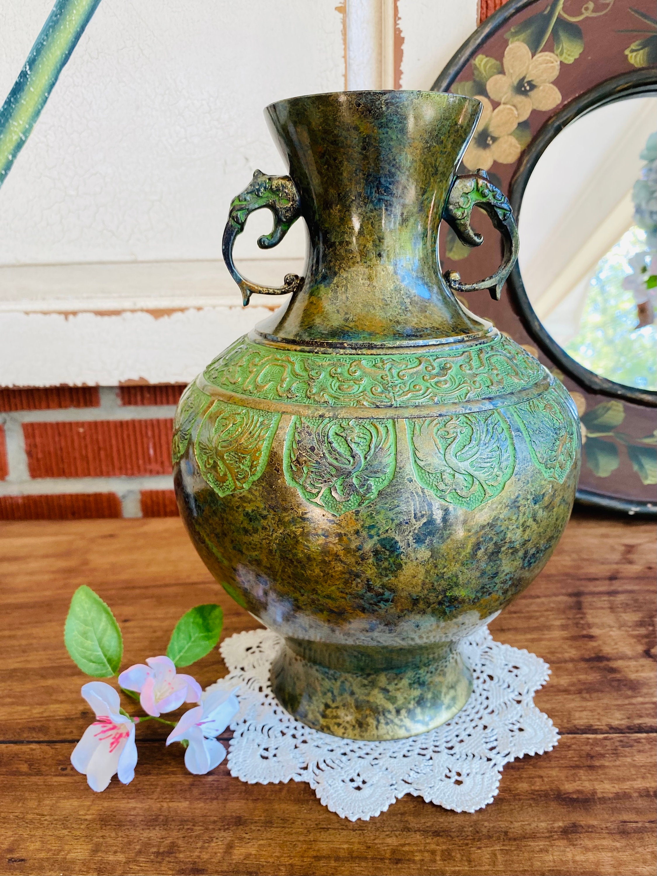 工芸品 Japanese Bronze Glazed Vase with Handles Antique Japanese Metal Champleve Double Handled Dragon Phoenix