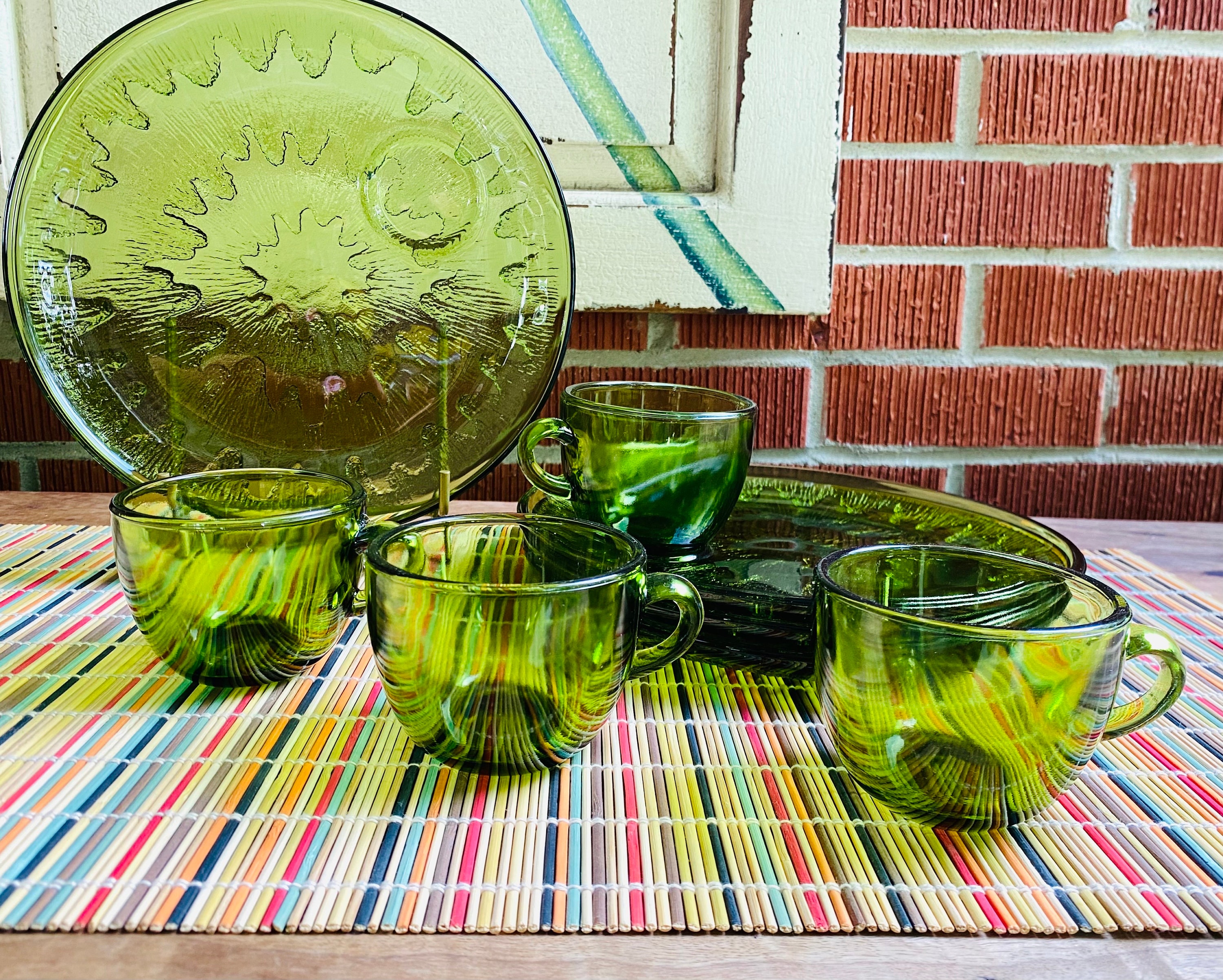 Indiana Glass Sunburst Green Glass Snack Plate Set of 4 - Etsy
