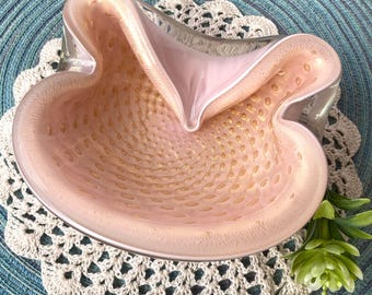 Mid Century Alfredo Barbini Italian Blush Pink and Gold Murano Glass Bowl