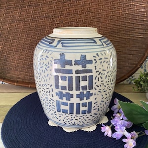 Antique Porcelain Double Happiness Ginger Jar/ Vase / Blue & White Ginger Jar/ Vase