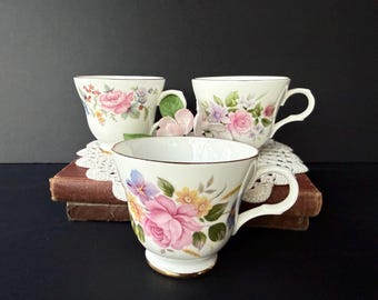 Set of 3  Staffordshire England Fine Bone China Crown Classic Floral Teacups