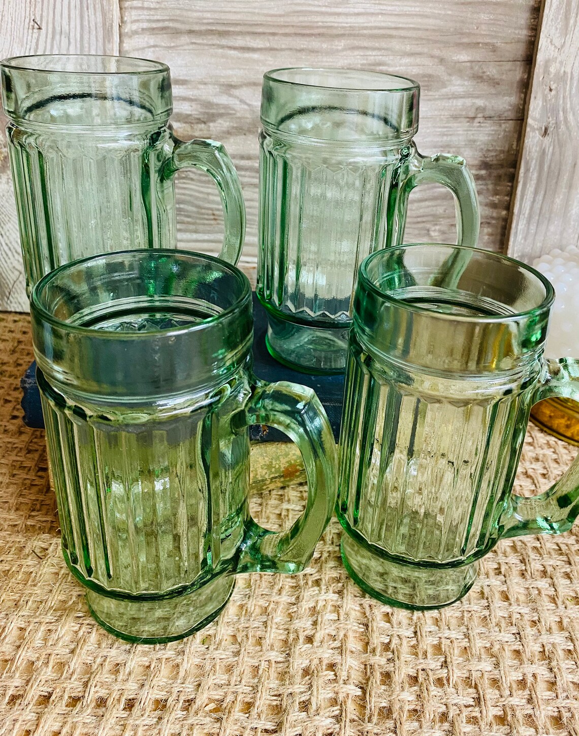 Vintage Green Ribbed Barrel Mugs Set of 4 Etsy