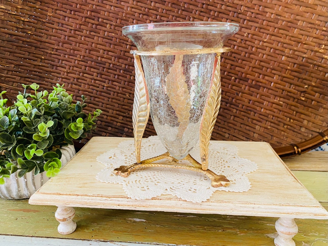 Crackled Glass Vase / Brass Stand W/crackled Glass Insert/ Etsy