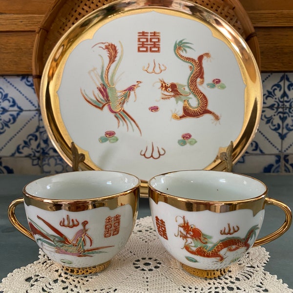 Chinese Gold Dragon & Phoenix Porcelain Tray w/ Teacups