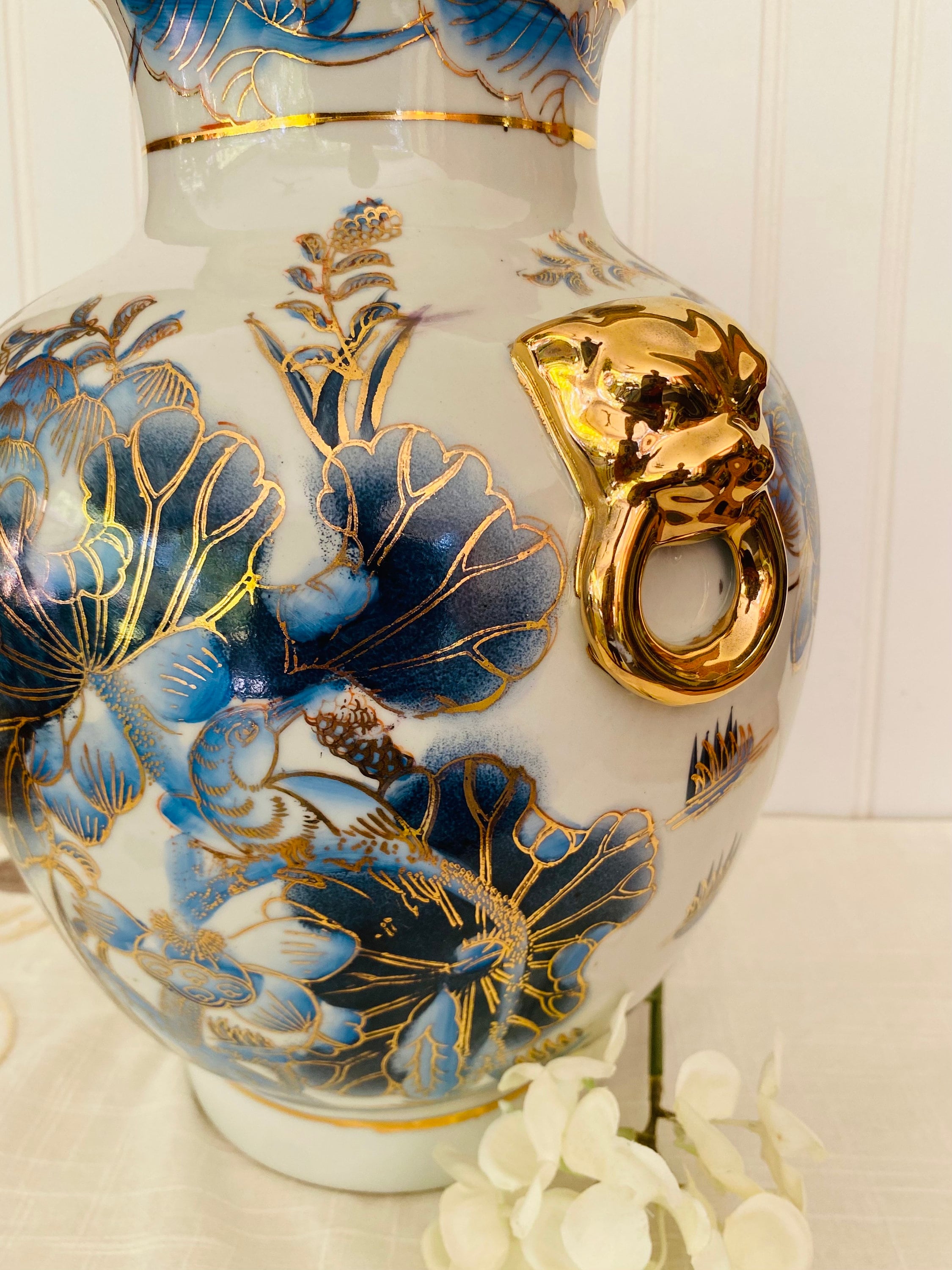 Large Porcelain Double Handled Lion Head Blue & White Vase - Etsy