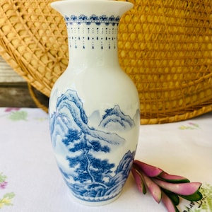 Blue & White Vintage Porcelain Asian Inspired Vase