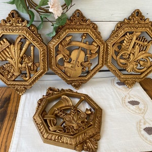 Set of 4 Vintage Hollywood Regency Gold Ornate Musical Wall Plaques/ Wall Decor