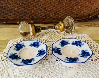 Pair of Blue & White Porcelain Tea Candle Holders