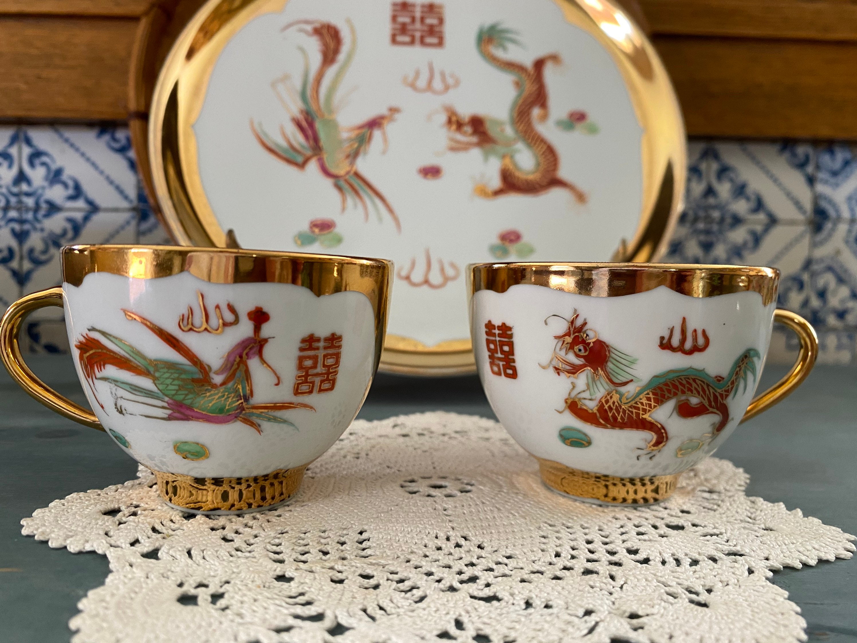 Chinese Gold Dragon & Phoenix Porcelain Tray W/ Teacups - Etsy