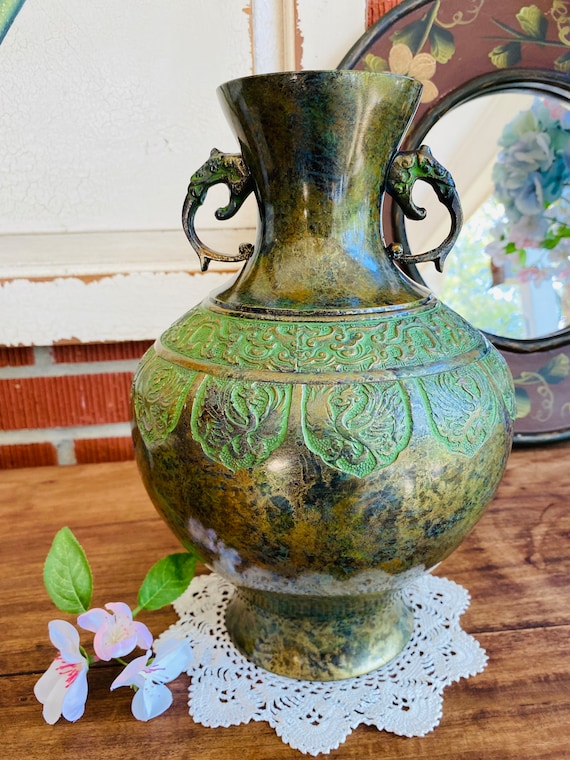 Antique Japanese Metal Champleve Double Handled Dragon Phoenix