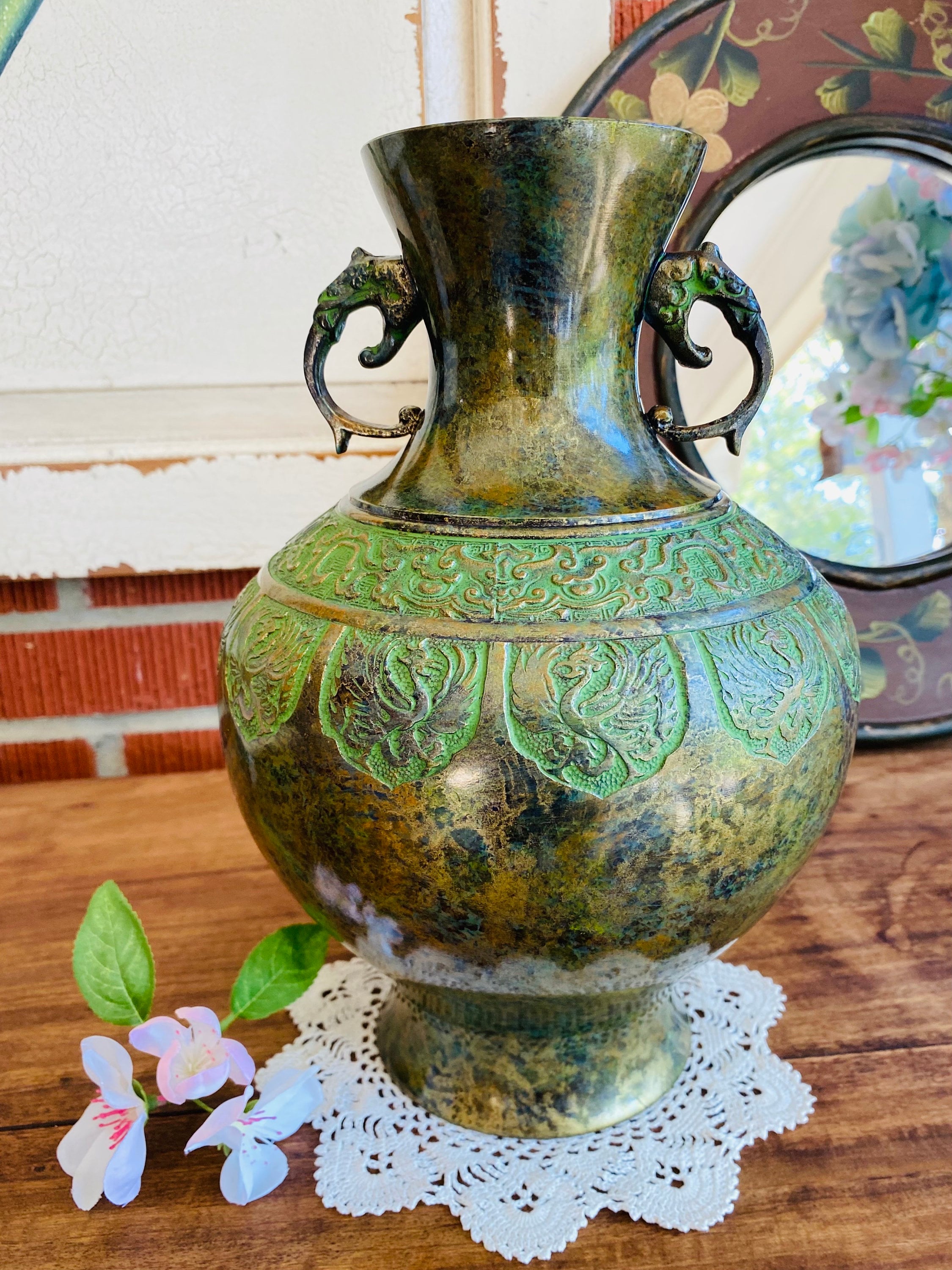 Antique Japanese Metal Champleve Double Handled Dragon Phoenix