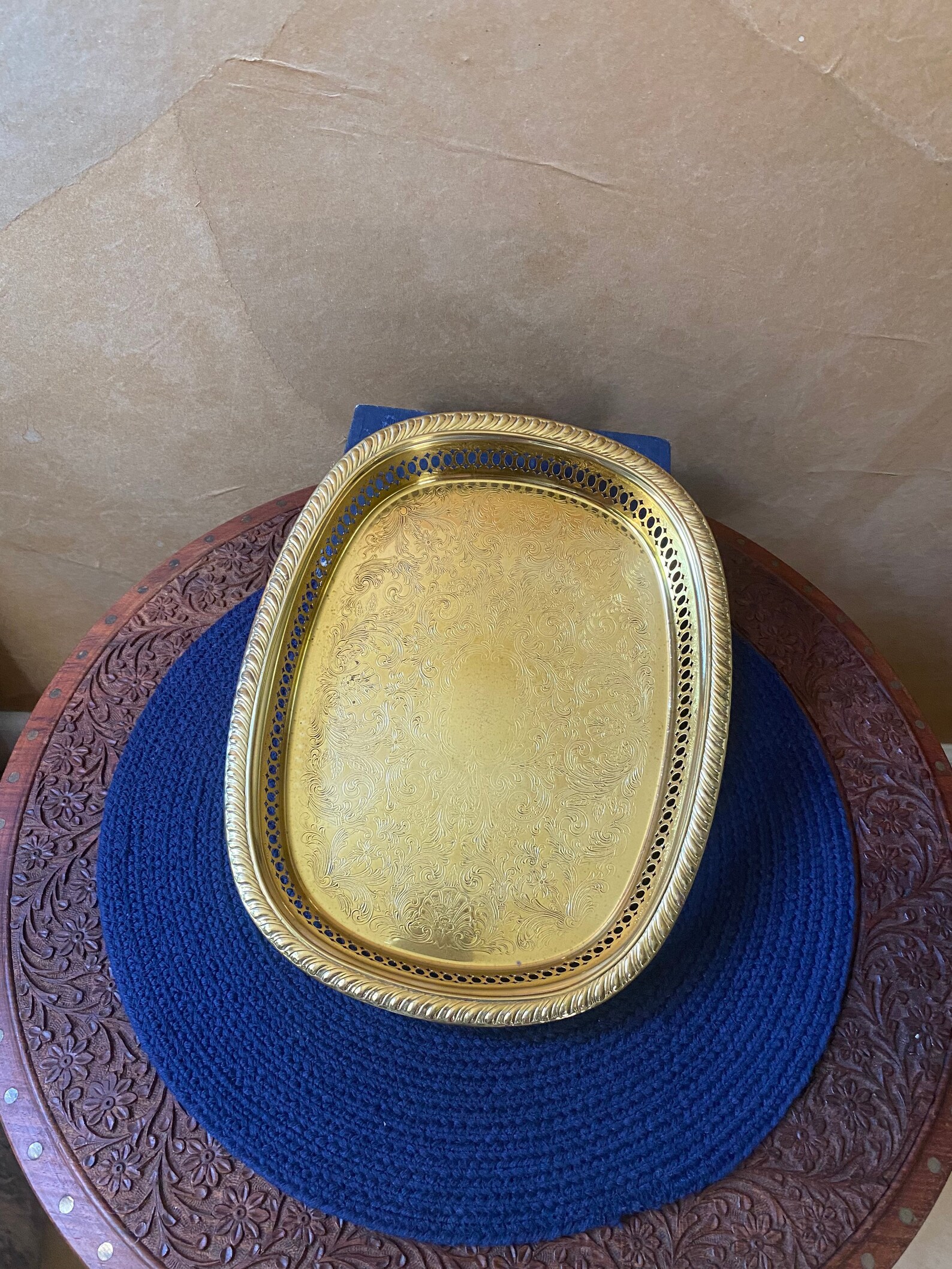 Vintage Etched Gold Metal Serving Tray / Vanitytray With Etsy
