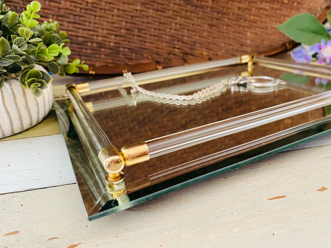 Vintage Mirrored Vanity Tray With Glass Rod Rails Etsy