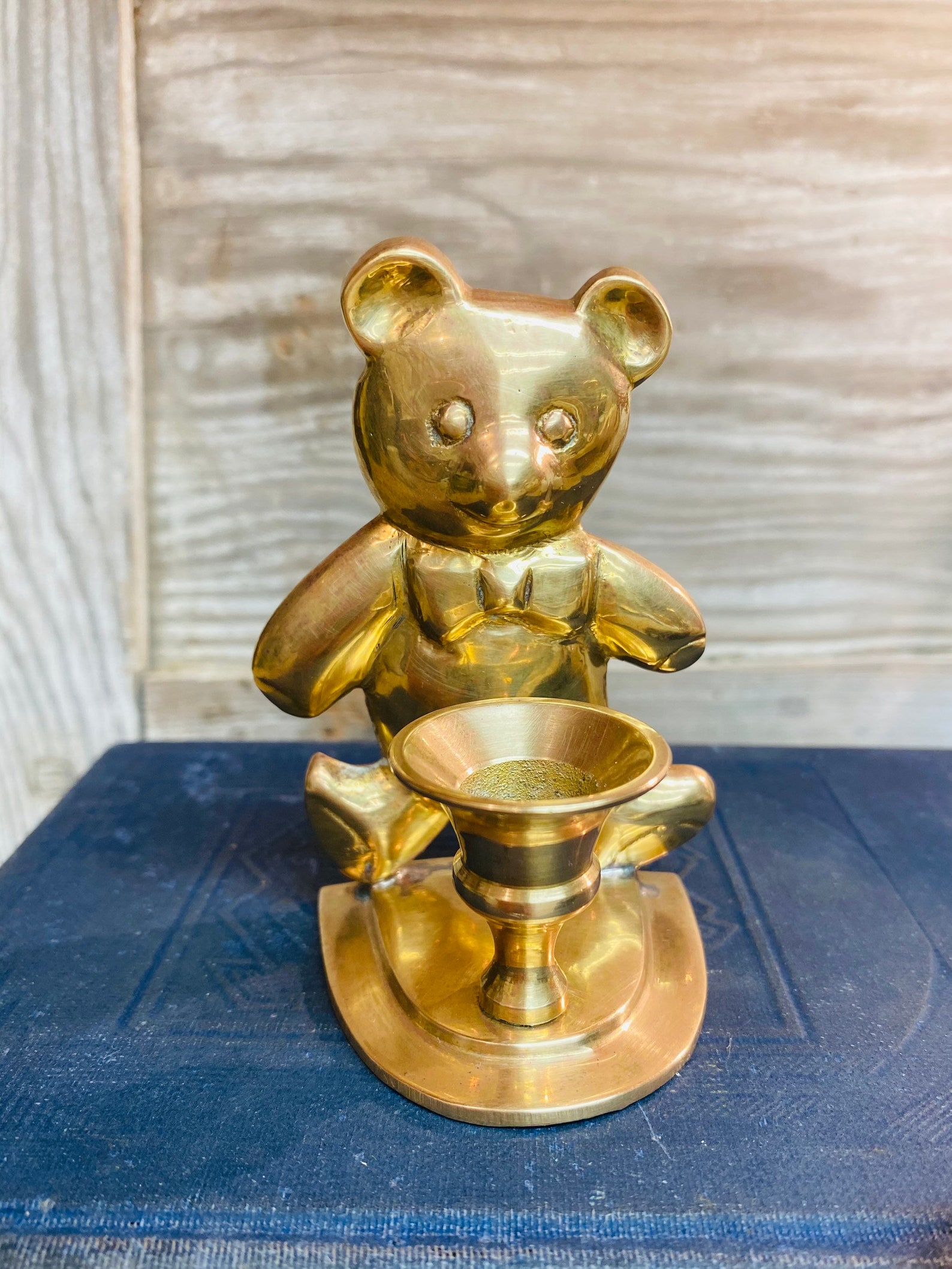 Small Vintage Brass Teddy Bear Candleholder Etsy