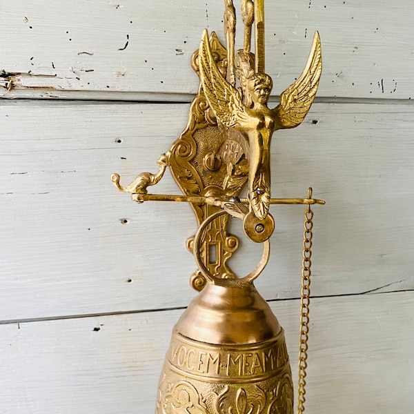 RARE Vintage Early 20th Century Brass Monastery Bell “Vocem Meam Audit Oui Me Tangit” Angel Wall Mount Bell