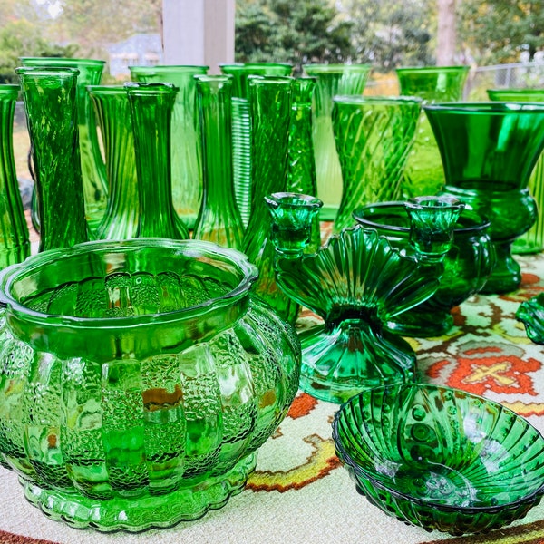 Vintage Green Glass Vases/ Wedding Vases