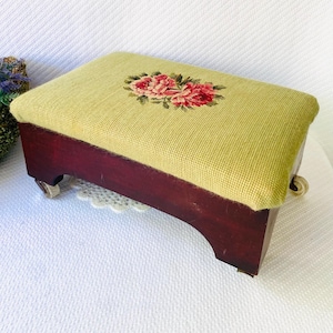 Antique NeedlePoint Foot Stool w/ Rollers