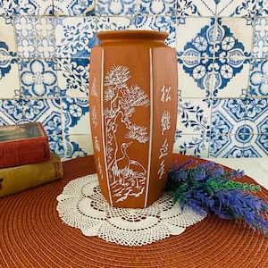 Chinese Brown/Red Pottery Hexagon Etched Vase
