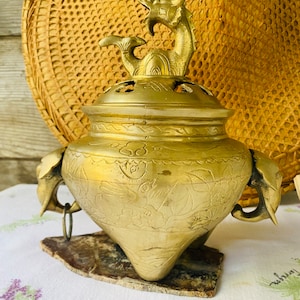 Large Antique Brass Footed Incense Burner w/ Elephant Handles and Dragon Lid
