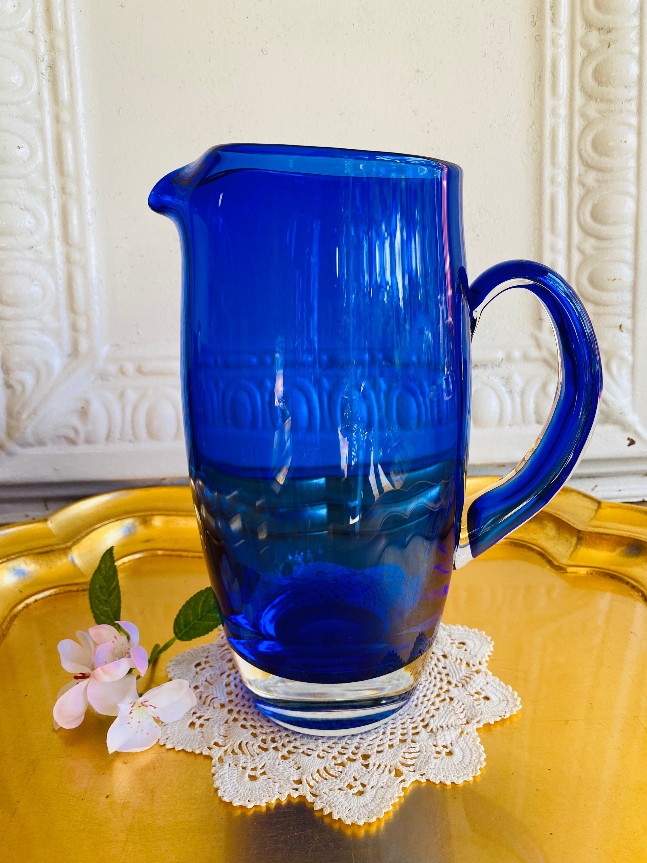 Vintage Cobalt Blue Glass Pitcher/ 2 Quart - Etsy