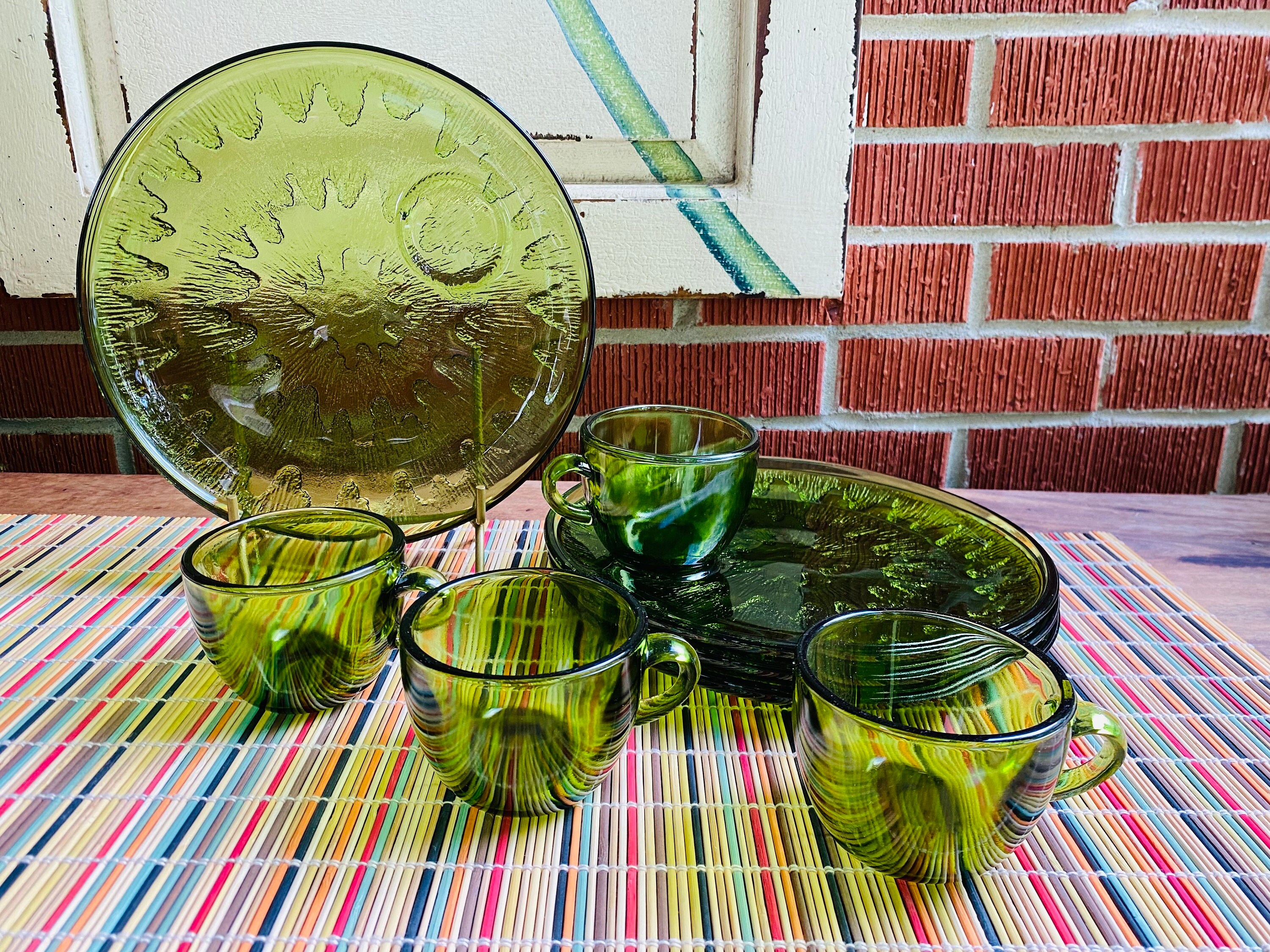 Indiana Glass Sunburst Green Glass Snack Plate Set of 4 - Etsy