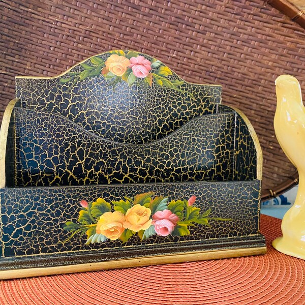 Vintage Wooden Hand Painted Tole Mail/Letter Organizer