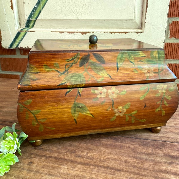 Large Wooden Toile Hand Painted Box with Feet / Decorative Keepsakes Box