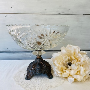Vintage Crystal and Brass Pedestal Compote/ Hollywood Regency