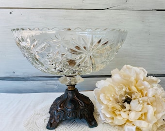 Vintage Crystal and Brass Pedestal Compote/ Hollywood Regency