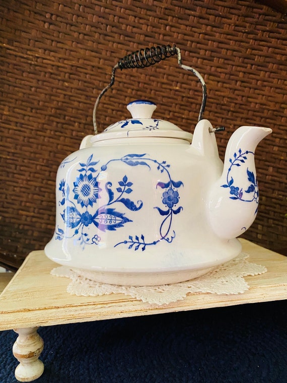 50s Blue & White Porcelain Tea Kettle Etsy